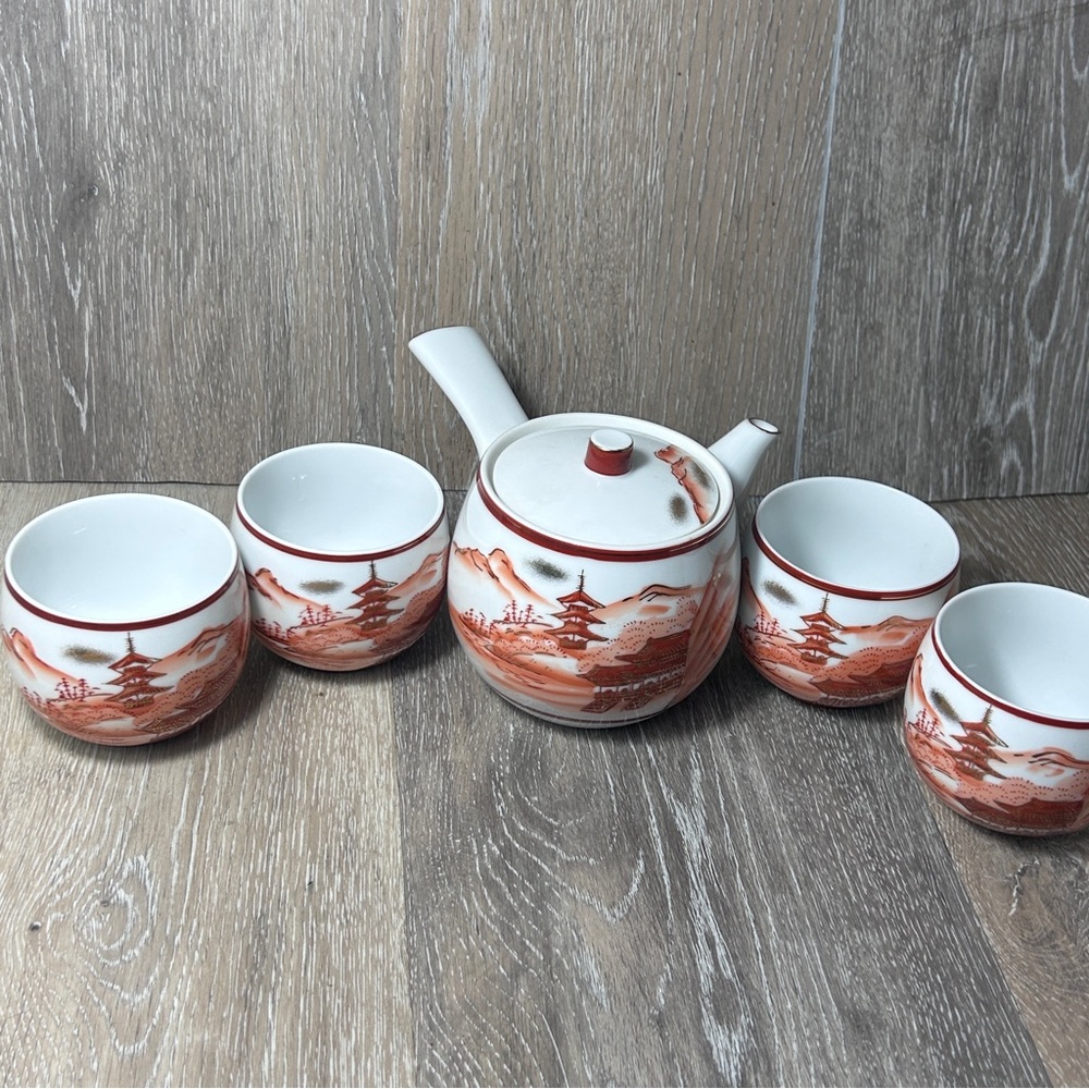 Vintage Hand-painted Japanese Kutani Porcelain Teapot Set | Pagoda Landscape